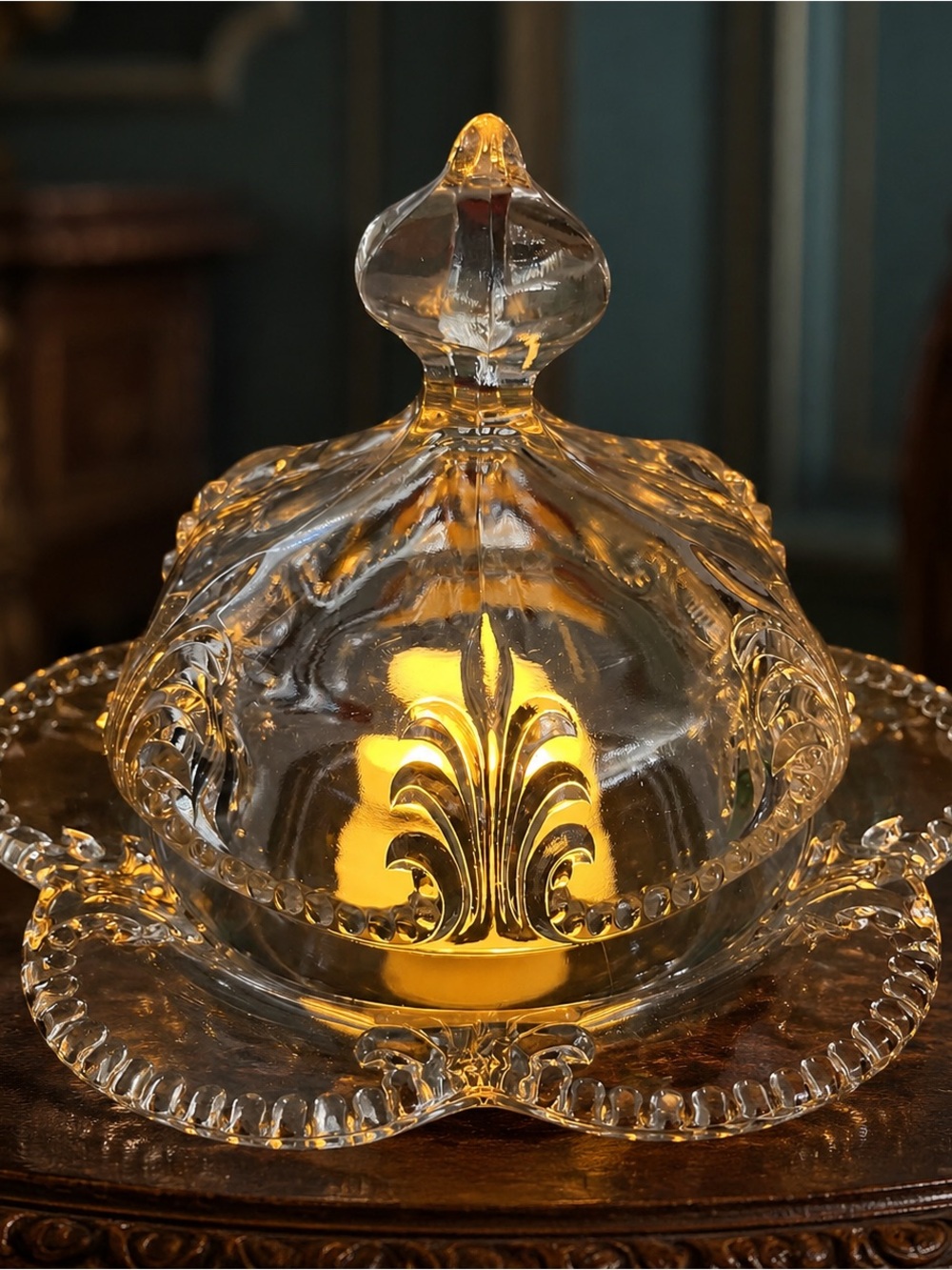 Vintage EAPG Domed Butter Dish Styled as a Clear Glass Fairy Lamp
